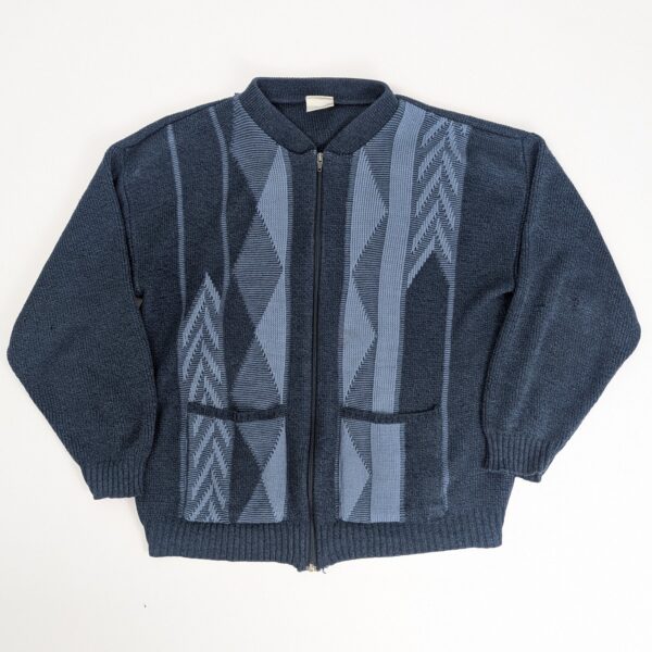 Vintage Patterned Knit Zip Cardigan - Blue - Size Xl