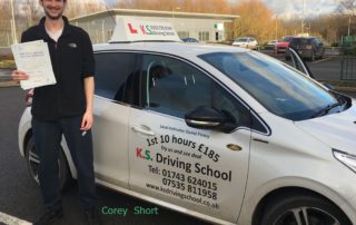 Corey Short who Passed His Driving Test on 23rd January in Shrewsbury